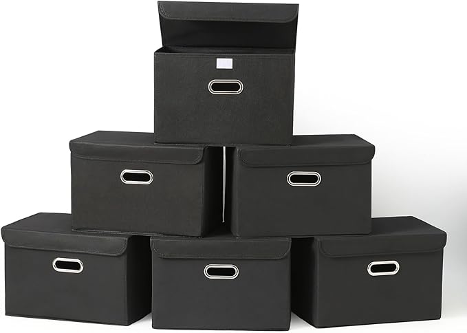 Fabric Foldable Collapsible Storage Cube Bin Organizer Basket with Lid, Handles, Removable Divider for Home, Closet (Black, 6Pcs)