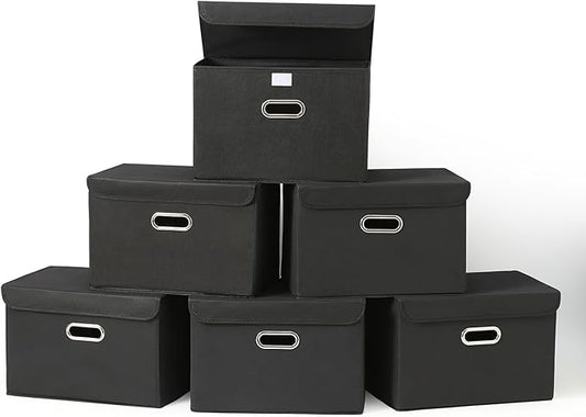 Fabric Foldable Collapsible Storage Cube Bin Organizer Basket with Lid, Handles, Removable Divider for Home, Closet (Black, 6Pcs)