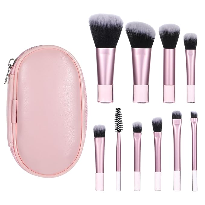 10 Pcs Mini Travel Makeup Brush Set With Pouch Pink Portable Travel Makeup Brushes Professional Cosmetic Brush Travel-Essentials kits for Women Girls Brushes Blush Powder Eye Shadow
