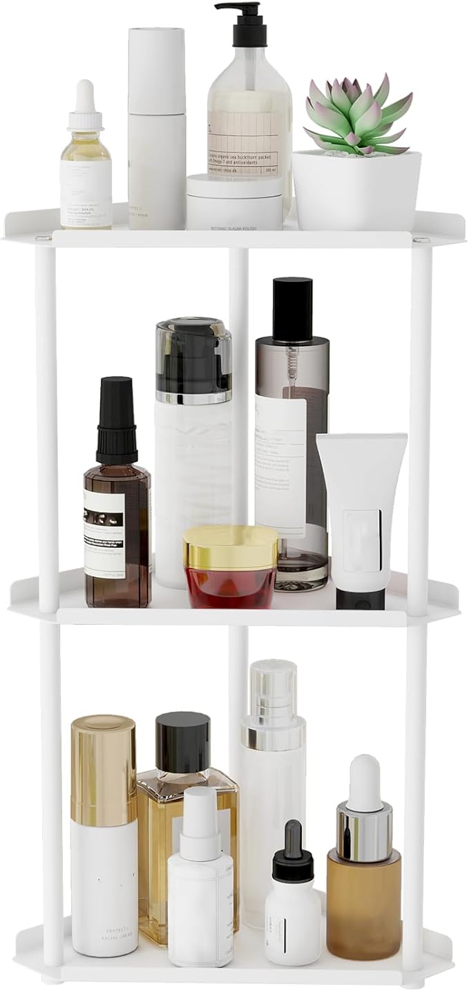 3 Tier Bathroom Counter Organizer, Vanity Organizer Corner Shelf, Skincare, Makeup Countertop Organizers, Kitchen, Bathroom Counter Storage, White