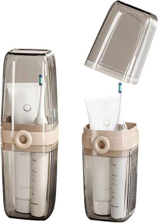 Toothbrush Travel Case, 2 in 1 Toothbrush Holder and Rinse Cup, Large Capacity Toothbrush Cup with Cover, Portable Travel Toothbrush Holder for Traveling, Camping, Trip - 1Pcs - Beige&Clear