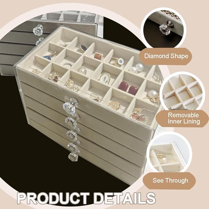 SPAKOWN Earring Box Holder Organizer Display Case, Clear Velvet Jewelry Storage Tray Organizer for Earring Ring Stud (Beige - 5 Drawers)