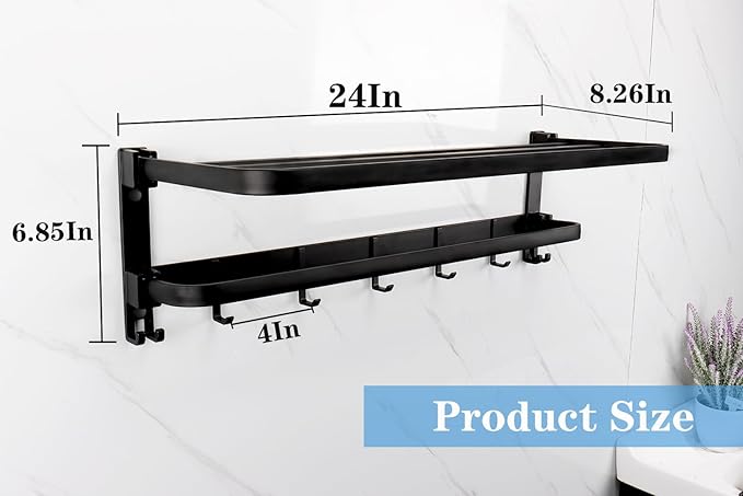 Towel Racks for Bathroom, Foldable Towel Shelf with Towel Bar & 7 Towel Hooks, Rustproof Double Bath Towel Holder Wall Mounted Towel Storage Hanger for Bathroom/Balcony/Lavatory (24in Black)