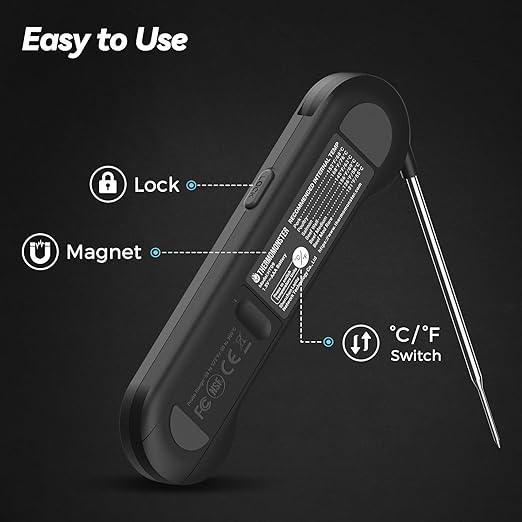 0.5 Sec Instant Read Meat Thermometer Digital with ±0.5℉ Precision, Food Thermometer for Cooking Kitchen Gadgets, Oven Grill Candy BBQ Essentials Accessories, Gifts for Him Dad Men Birthday, Black