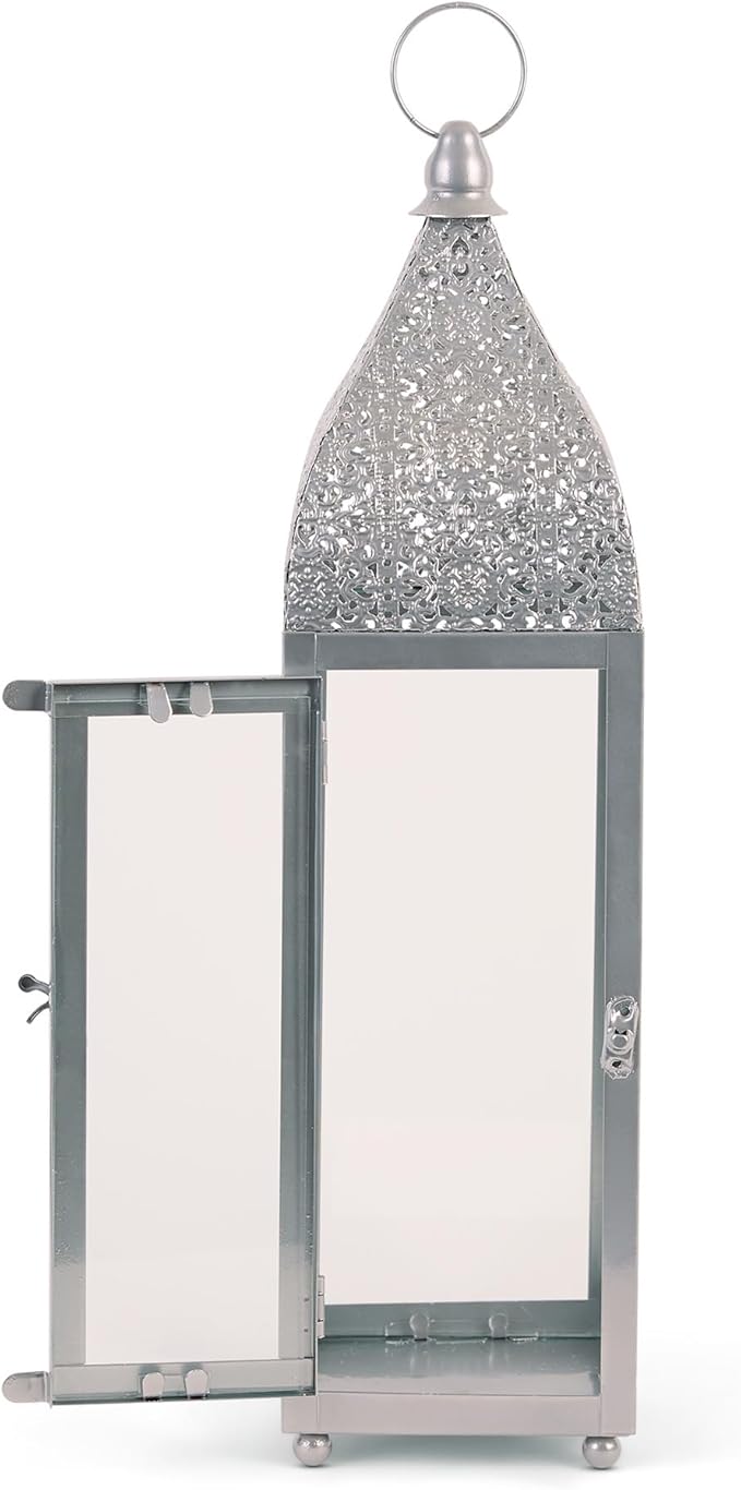 Zingz & Thingz Moroccan Style Candle Lantern Holder, Decorative Light Home Decor, Indoor & Outdoor, 15.25" Tall, Silver