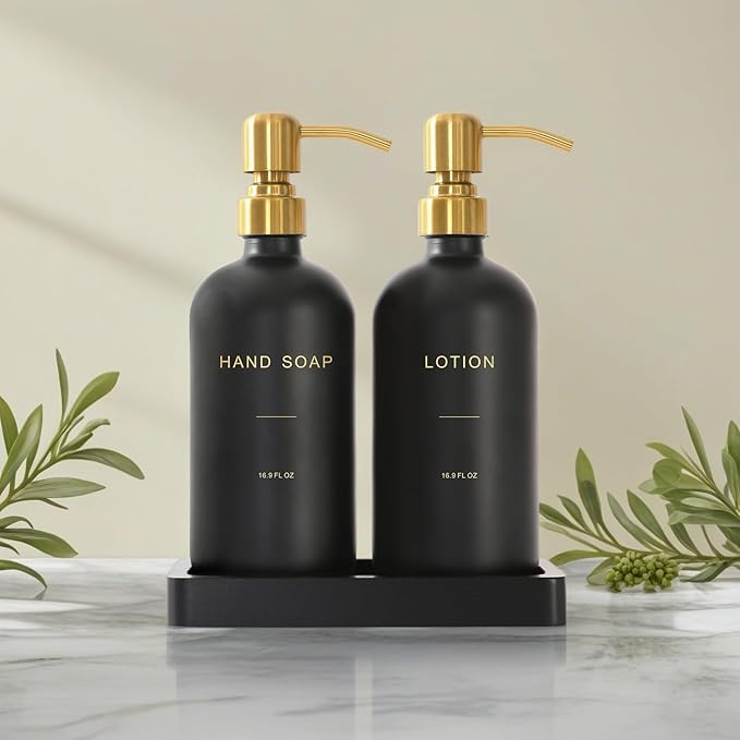 Prus Waso Soap Dispenser Bathroom Set, Hand and Lotion Dispenser with Stainless Steel Pump, Perfect for Black and Gold Bathroom Decor. (Gold & Black)