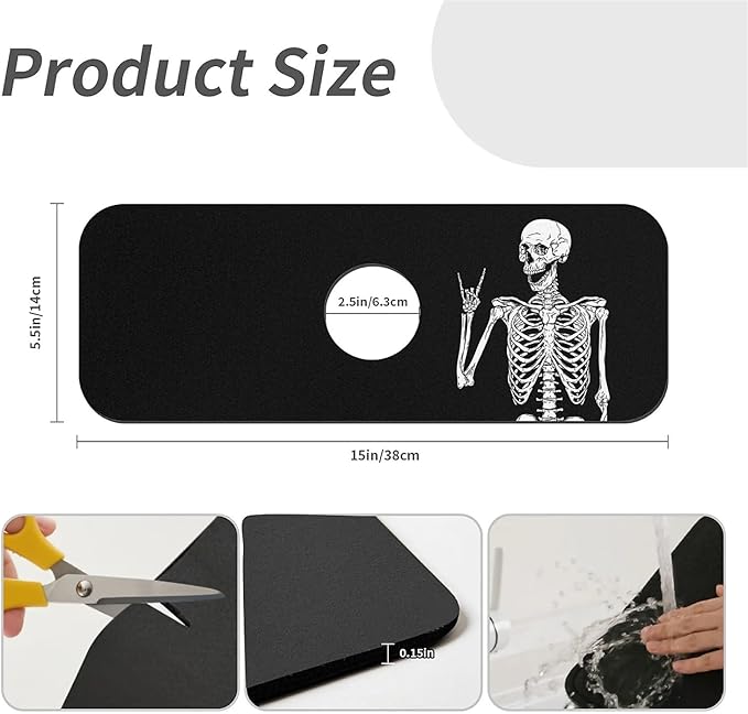 Kitchen Sink Splash Guard, Black Funny Skull Faucet Mat Sink Gadgets - Super Absorbent Fast Drying Mat Drip Catcher for Kitchen, Bathroom, Sink Mat, Dish Drying Mat, Bathroom (15" x 5.5")
