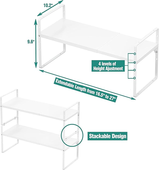 Expandable Cabinet Shelf Organizer Rack, Stackable Kitchen Counter Storage Shelves Stand, Adjustable Height Pantry Shelf Spice Rack, Heavy Duty Non-slip White Large 3-Pack
