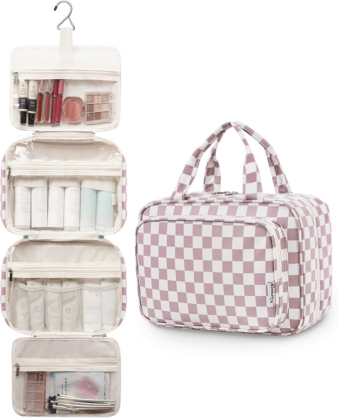 Narwey Travel Toiletry Bag for Women Large Hanging Makeup Bag Organizer Toiletries Bag for Full Size Essentials Accessories Cosmetics (Dusty Pink Checkerboard (Large))