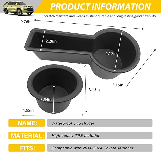 2PCS Cup Holder for 2014-2024 Toyota 4Runner Center Console Cup Holder Insert Cupholder Organizer Coaster Liner for 14-24 4 Runner Interior Accessories Black