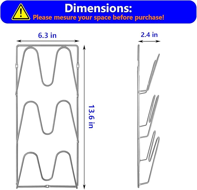 2 Pack Pot Lid Organizer Rack, 6 Tier Hanging Pot Lids Holder Inside Cabinet Door, No Drilling Adhesive Wall Mounted Pan Lid Organizer, Kitchen Cooking Lid Storage Rack for Cupboard (Silver)