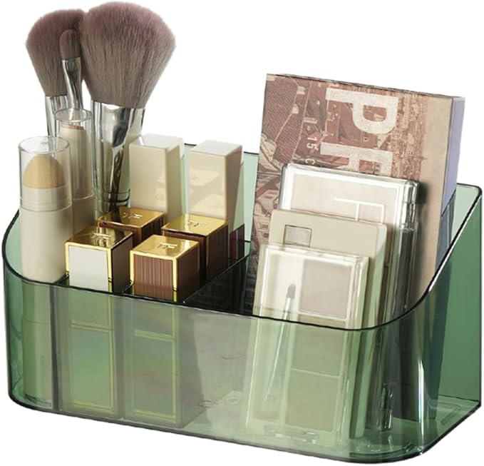 SUNFICON Makeup Tray Holder Organizer Cosmetic Display Case Tabletop Desktop Vanity Countertop Bathroom Wall Cabinet Medicine Storage Box 9 Dividers 2 Removable for Womens Ladies Girls Crystal Green