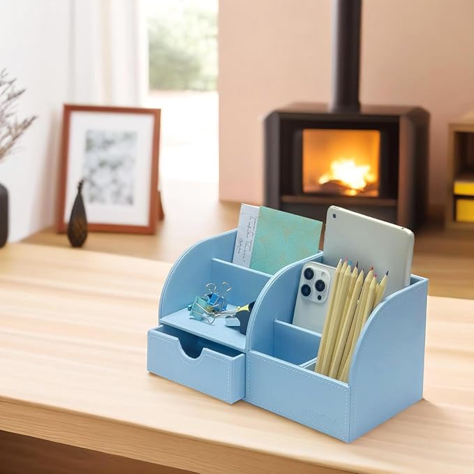 UnionBasic Desk Organizer - Multifunctional Leather Desktop Pen Holder Storage Box - Business Card/Pen/Pencil/Mobile Phone/Stationery Holder, Blue
