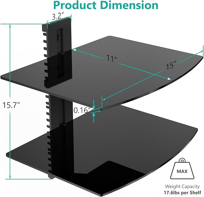WALI Floating TV Shelf, 2 Tier Glass Projector Shelf for DVD Players, Routers, Game Consoles, Cable Boxes, Living Room Decor, Wall Mount Shelves Hold Up to 17.6lbs (CS202B), 2-Shelf, Black