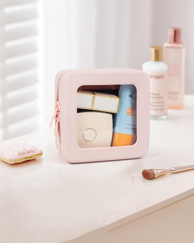 Small Clear Makeup Bag for Women, Mini Silicone Travel Cosmetic Case Waterproof Clear Make Up Pouch Purse with Zipper Cute Toiletry Bags for Traveling Car Organizer Mini Travel Essentials (Pink)