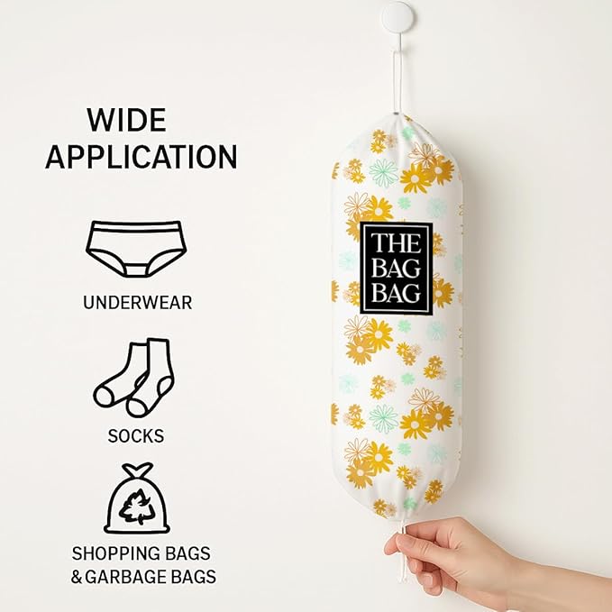 Plastic Bags Holder for Kitchen, The Bag Bag Grocery Bags Holder for Kitchen Essentials, Reusable Hanging Grocery Sack Organizer, Floral Reusable Trash Sack Storage Dispenser for Home Decor