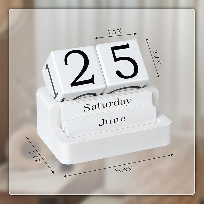 Wooden Block Calendar for Desk, Daily Desktop Perpetual Desk Calendar, Modern Farmhouse Aesthetic Desk Accessories for Home Office Decor, Teacher, Classroom, Reusable Yearly, White