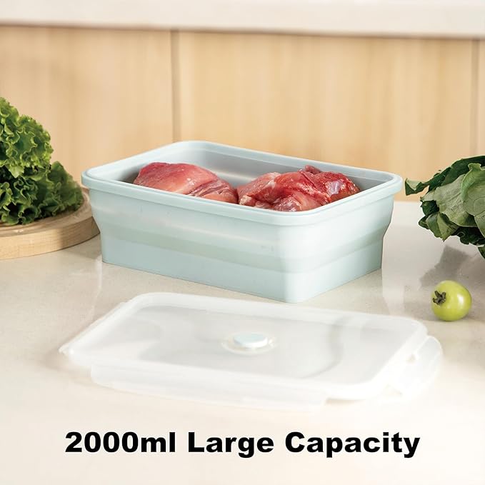 Large Collapsible Food Containers with Lids for Camping & Travel | Leak-Proof Silicone Storage Bowls, 2000ml/1200ml/800ml, Dishwasher, Microwave Freezer Safe, Set of 3