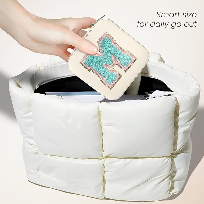 SANDJEST Personalized Jewelry Box, White Travel Jewelry Box with Initial M, Small Monogrammed Jewelry Case Organizer for Girls Women Teen Kids, Mini Travel Essentials Gifts for Birthday Christmas