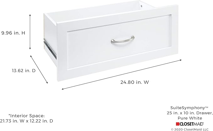 ClosetMaid SuiteSymphony Wood Closet Drawer, Add On Accessory, Shaker Style, For Storage, Closet, Clothes, 25” x 10” Size for 25 in. Units, Pure White
