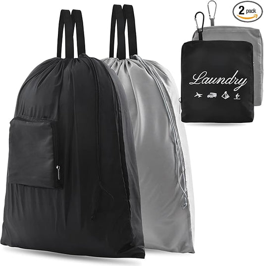 2 Pcs JHX Travel Laundry Bags, Dirty Clothes Organizer【Upgraded】with Handles and Aluminum Carabiner for Travel, Camp, Fitness, and Students (Black&Grey) 24"L x 21"W
