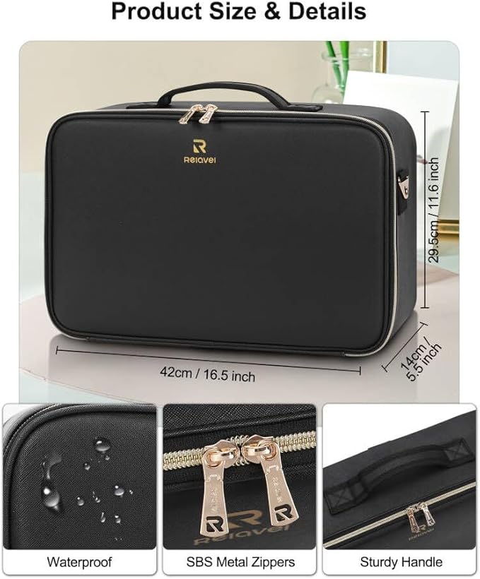 Relavel Large Makeup Case With LED Mirror, 16.2" Cosmetic Vanity Case with 3 Lighting Modes and Adjustable Brightness, Professional Travel Makeup Organizer for Makeup Artist with Strap, Black