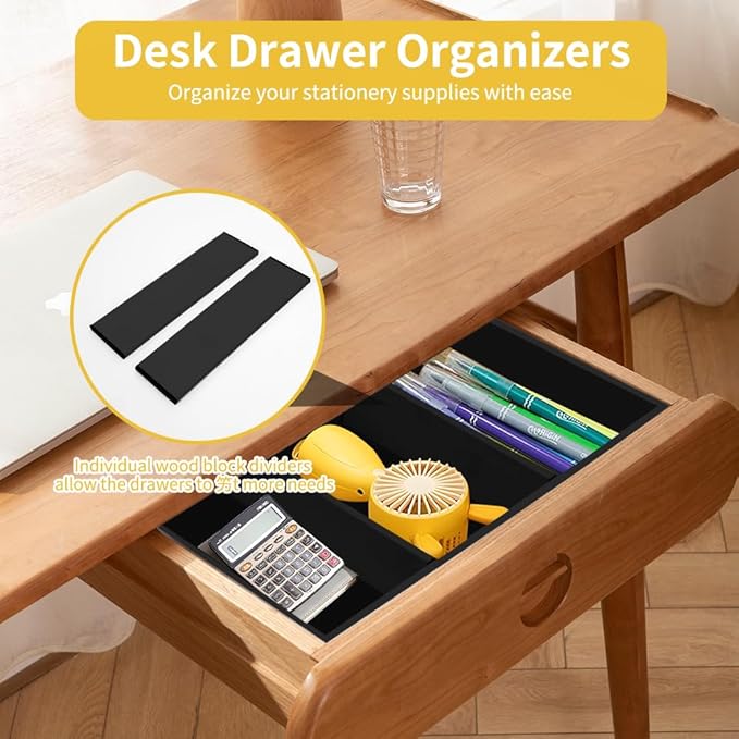 5PCS Bamboo Drawer Organizer Set with Adjustable Dividers,Stackable Kitchen Bathroom Office Desk Organizer Storage Box Container Trays for Utensils, Makeup, Silverware,Non-Slip Silicone Pads