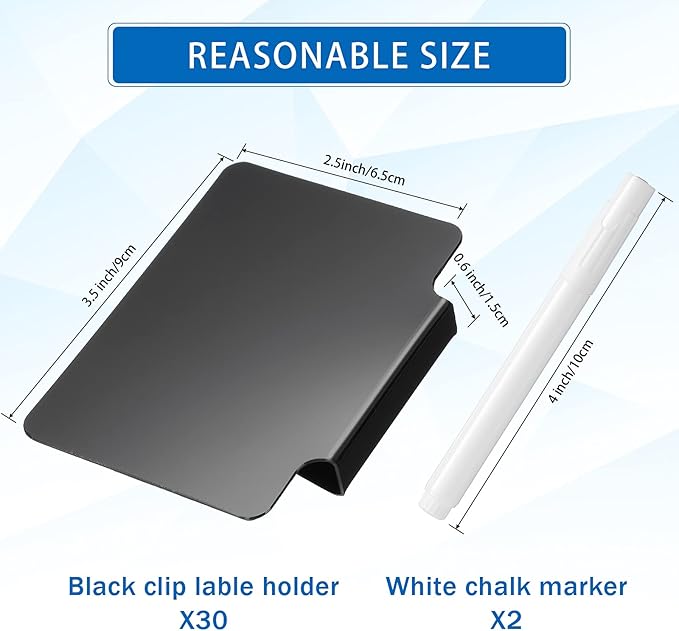 32 Pieces Basket Labels Clip Set, Include 30 Pieces Kitchen Clip Label Holder Removable PVC Bin with 2 Pieces Chalk Marker for Basket Pantry Organization Box (Black Label Clip, White Pen)