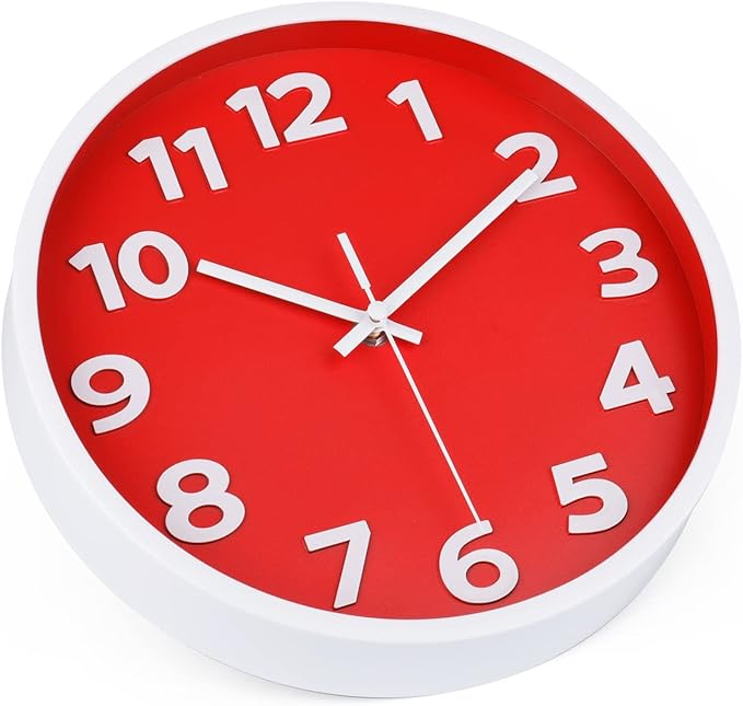 10 Inch Red Wall Clock with 3D Big Numbers, Modern Round Silent Quartz Clock, Easy to Read for Kitchen, for Home, Office, Farmhouse Decor