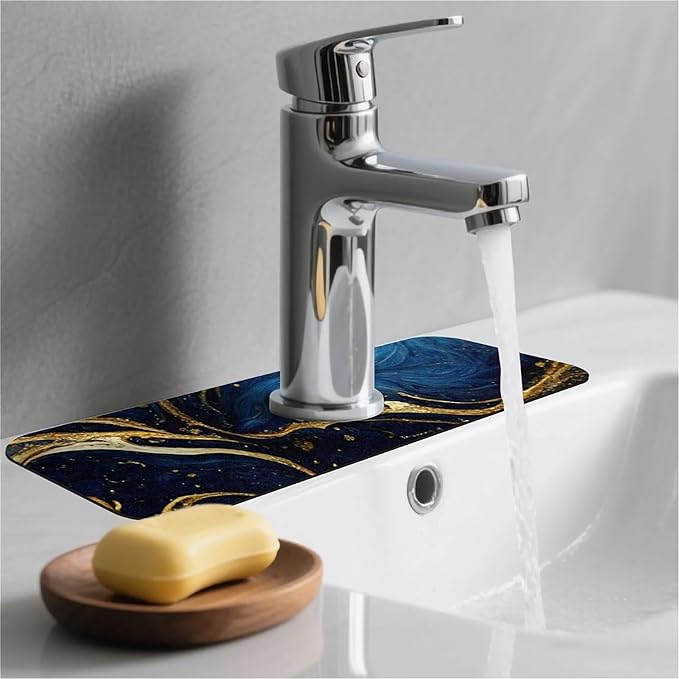 Kitchen Sink Splash Guard，Blue and gold marble texture Faucet Mat Sink Gadgets-Super Absorbent Fast Drying Mat Drip Catcher for Kitchen, Bathroom,Sink Mat, Dish Drying Mat, Bathroom(15" X 5.5" )