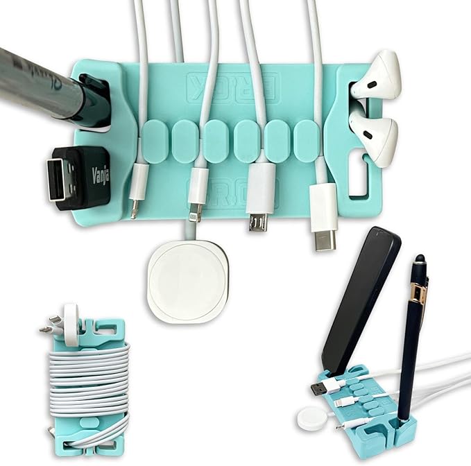 DeskBrick – Patented Non-Slip Steel-Weighted Desk Organizer & Cable Management Gadget, Versatile Cord, Phone & Accessory Holder for Office, Home & Desktop – Best Gift for Men. Aqua