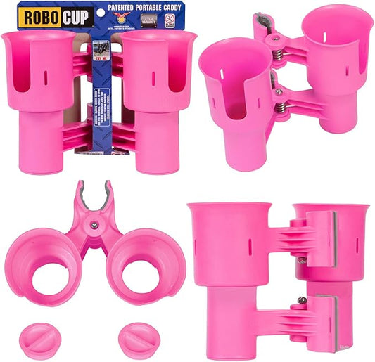 ROBOCUP, (Hot Pink), Patented Clamp On Boat Cup Holder |Multifunction Dual Drink Caddy for Fishing Poles, Tools, Net, Gaff |Portable Storage for Boating, Beach, Umbrellas, Golf Carts, Strollers