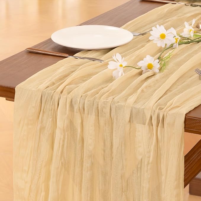 Socomi Gold Champagne Cheesecloth Table Runner Summer Boho Rustic Gauze 120 inch 10FT Cheese Cloth Sheer Runner for Wedding Party Baby Shower Birthday Home Decor Holiday Decorations