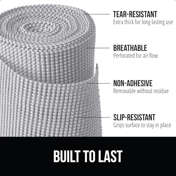 GORILLA GRIP powerGRIP Drawer Shelf and Cabinet Liner, Thick Strong Hold, Non-Adhesive Liners Protect Kitchen Cabinets and Cupboard, Bathroom Drawers, Easy Install, Breathable Mat, 17.5" x10', Lt Gray