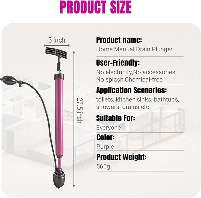 Manual Drain Unclogger, High Pressure Toilet Plunger: No-Splash, No Electricity, No Accessories, Pipe-Safe, Easy to Use, Reusable & Easy to Clean for Toilet, Sink, Bathtub, All Household Pipes