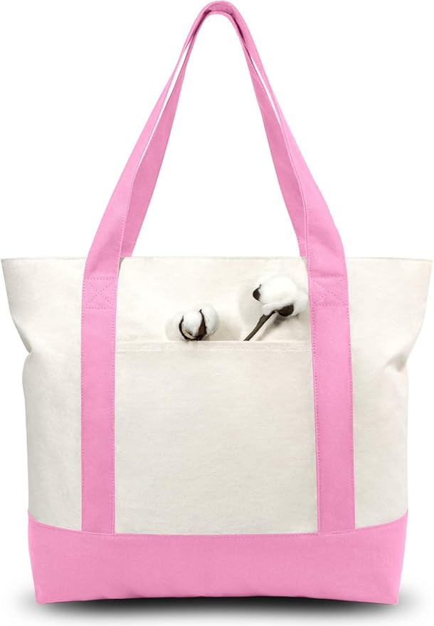 TOPDesign 3-Pack Canvas Tote Bags with an External Pocket, Reusable Grocery Shopping Bags, Top Zipper Closure, Daily Essentials (Pink/Natural)