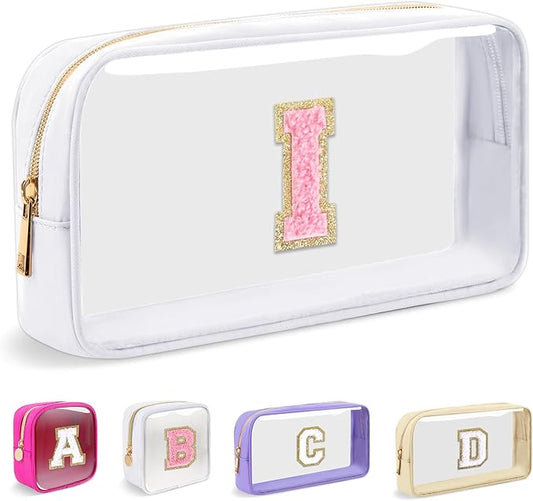 Small Clear Personalized Initial Makeup Bag,Nylon Preppy A-Z Chenille Letter Patch Cosmetic Pouch Beach Toiletry Bag,Waterproof Zipper Travel Purse Storage Bag Organizer for Women Girls(White-Pink I)