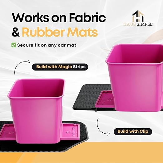 Car Trash Can 2L with Stability Wings & Velcro for Extra Stability – Magic Strip & Clip for Fabric & Rubber Mats – Durable Plastic, Easy Pull Trash Bags Included – Pink