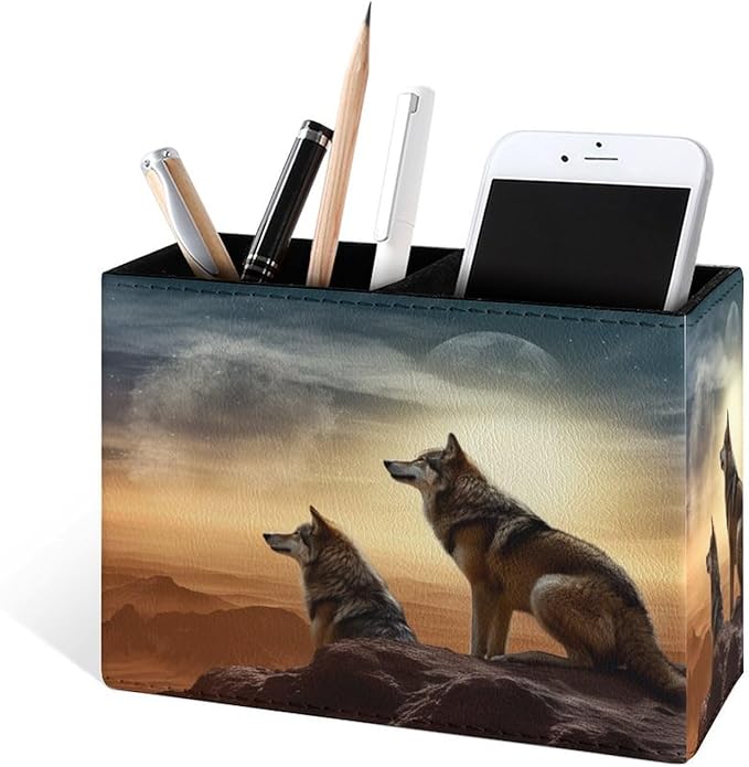 Famame Wolf Desert Pencil Holder for Desk, Leather Desktop Container Pen Cup Storage Study Table Pen Organizer Makeup Brush Holder for Classroom Office Home