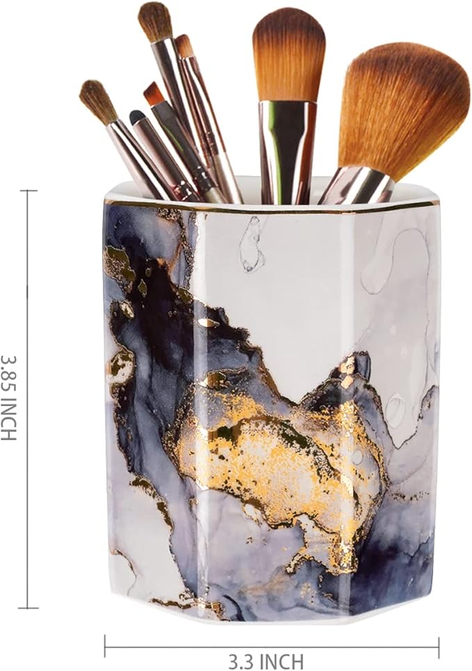 WAVEYU Ceramic Pen Holder for Desk Cute, Pencil Cup Pot Desk Organizer, Makeup Brush Holder for Women, Men, Kids, Desk Marble Decor for Office, Classroom, Home, Gray Golden