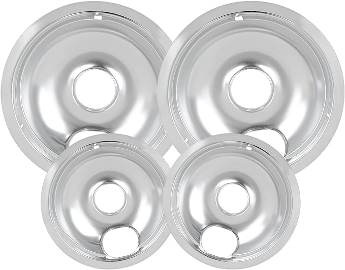 4 Pack Chrome Drip Pans, Compatible with Whirpool Kenmore Frigirate Stove Top Drip Bowls. Include 2 Pcs 6'' Range Replacement Drip Pans and 2 Pcs 8 '' Cooktop Drip Pans