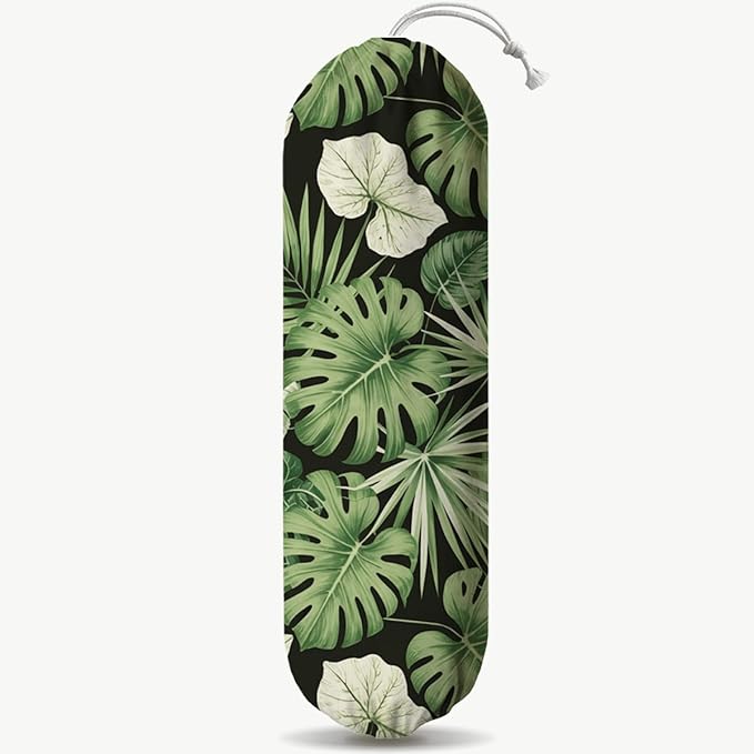 Green Leaves Plastic Bag Holder, Wall Mount Plastic Bags Organizer for Car Trash, Tropical Home Kitchen Decor, Reusable Grocery Bag Organizer, Kitchen Pattern Garbage Bags 52