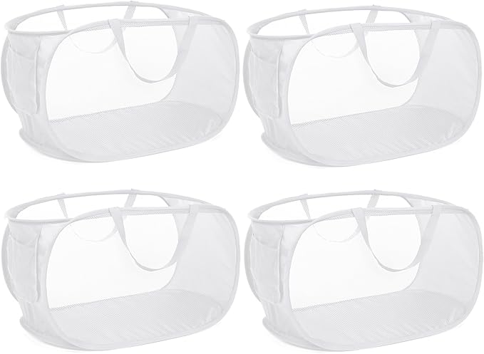 4 Pack Collapsible Laundry Baskets, Foldable Laundry Basket with Pocket, Durable Pop Up Hampers, Reinforced Handles Dirty Clothes Hamper for Laundry, Bedroom, Bathroom, Dorm, Travel or Camping White