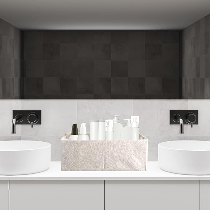 Fabric Storage Bin Box Foldable Cotton Linen Storage Basket with Wooden Handles Rectangular Cube Decorative Home Laundry Organizer Clothes Blanket Container - Beige, Small