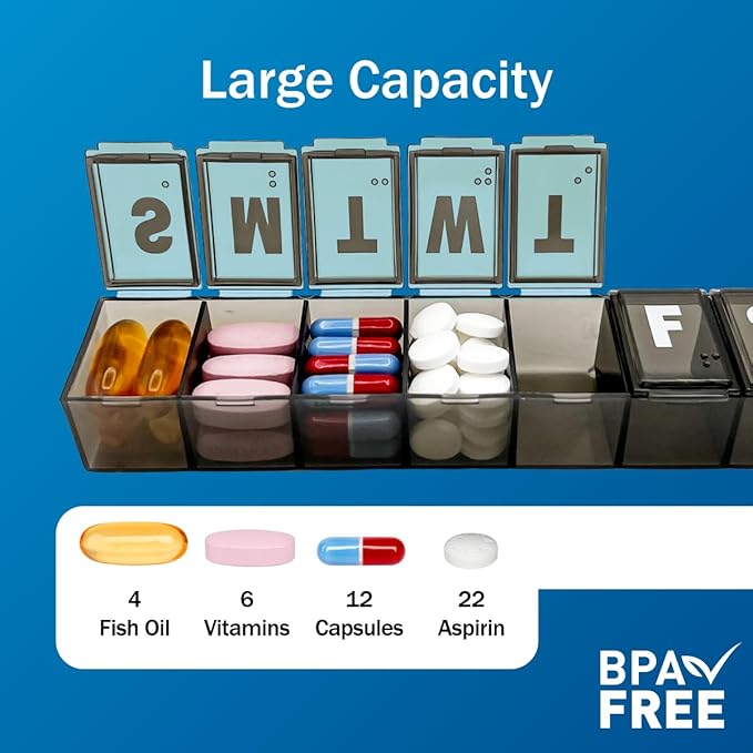 Amazon Basic Care Weekly (7-Day) Pill Organizer, Vitamin Planner, And Medicine Box, Medium Compartments, Black