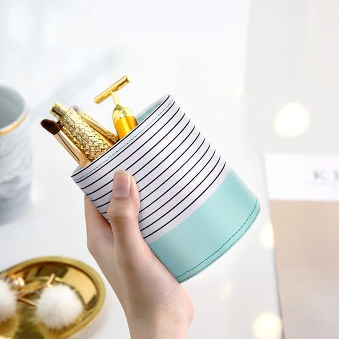 WAVEYU Pen Holder, Pencil Cup Pot Desk Organizer Multi Purpose Use Cute for Adults Kids Luxury Leather Makeup Brush Holder for Home, Office, Classroom, Stripes Mint Green