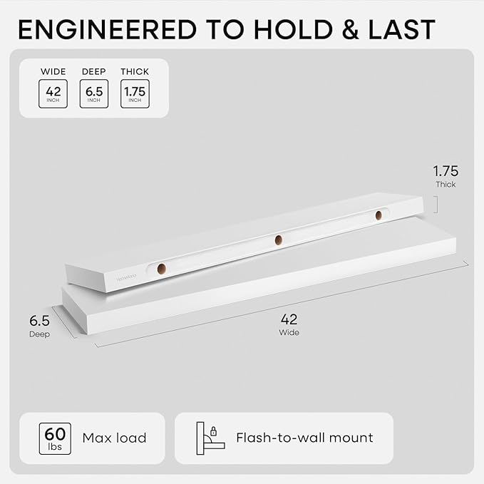 Homeforia White Floating Shelves 42 inch, High-End Solid Real Wood 42-inch Floating Shelf for Wall Mounting, White Wooden 42-inch Long Floating Shelves, Heavy Duty Bracket, 42 X 6.5 X 1.75 inches, Set of 3