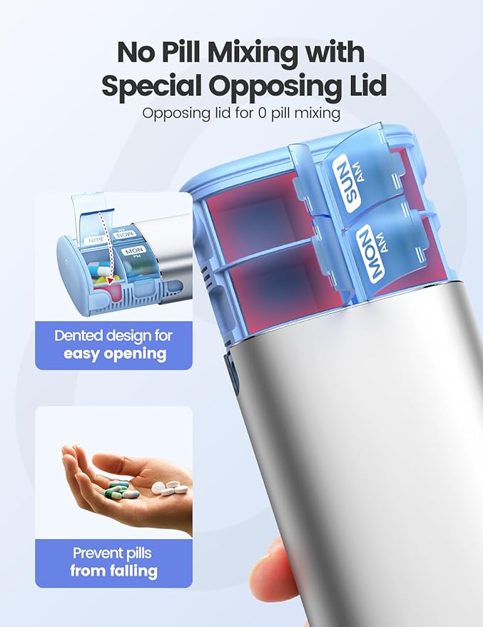 Vaydeer Metal 7 Day Pill Organizer 2 Times a Day – AM PM Weekly Travel Pill Case with Moisture-Proof Desiccant, Airtight Large Capacity Pill Box for Vitamins, Medications & Supplements (Grey)