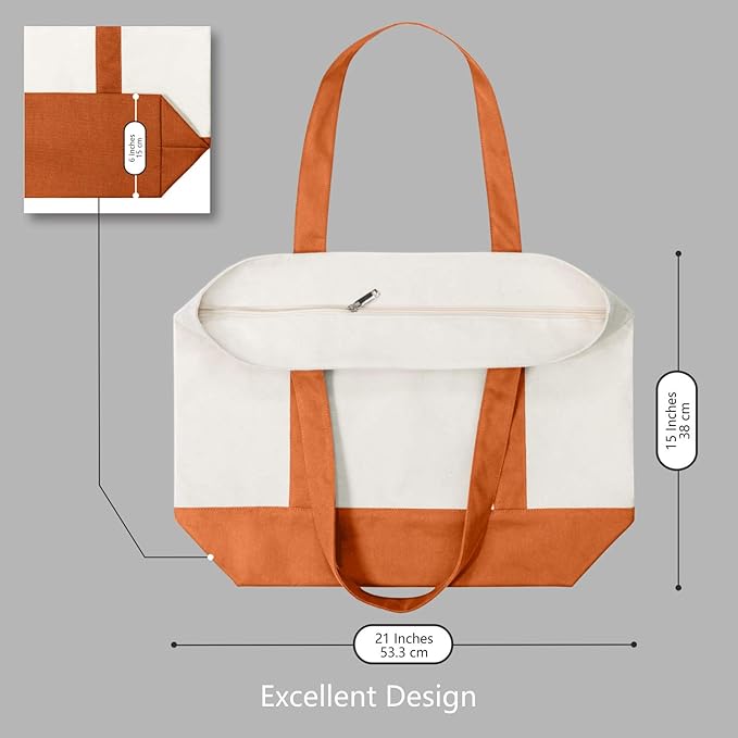 TOPDesign 3-Pack Canvas Tote Bags with an External Pocket, Reusable Grocery Shopping Bags, Top Zipper Closure, Daily Essentials (Orange/Natural)