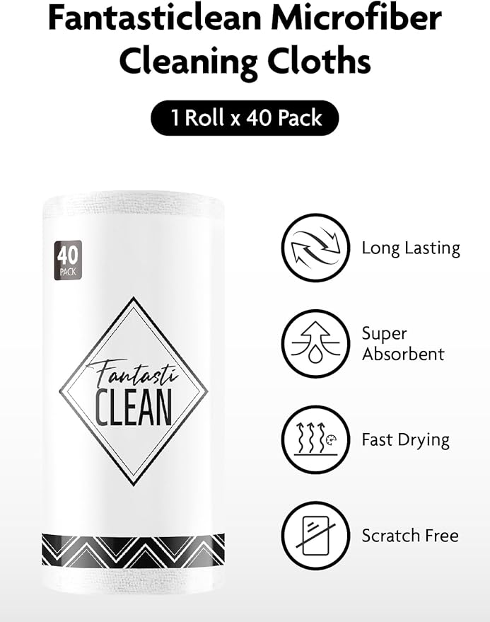 Fantasticlean Microfiber Cleaning Cloth Roll - 40 Pack, Tear Away Microfiber Towels, 12" x 12", Reusable, Washable, Scratch Free, Ultra Absorbent Dishcloth for All-Around Cleaning Supplies (White)